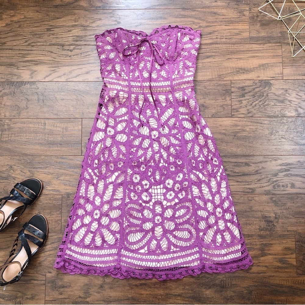 Betsey Johnson • vintage Y2K lace dress purple strapless tape crochet antique